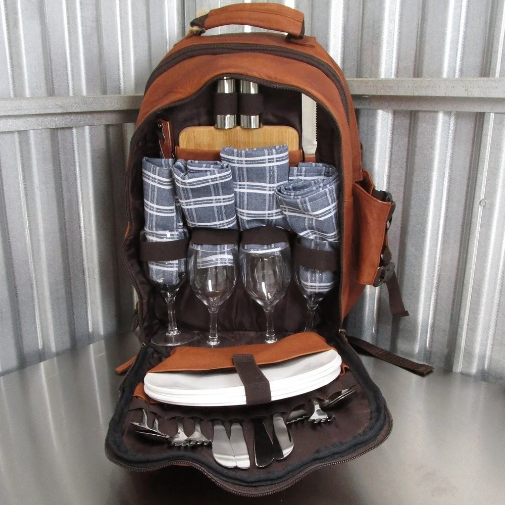 Argali Wines Premium Tan Calfskin Leather Insulated Picnic Backpack Bag New